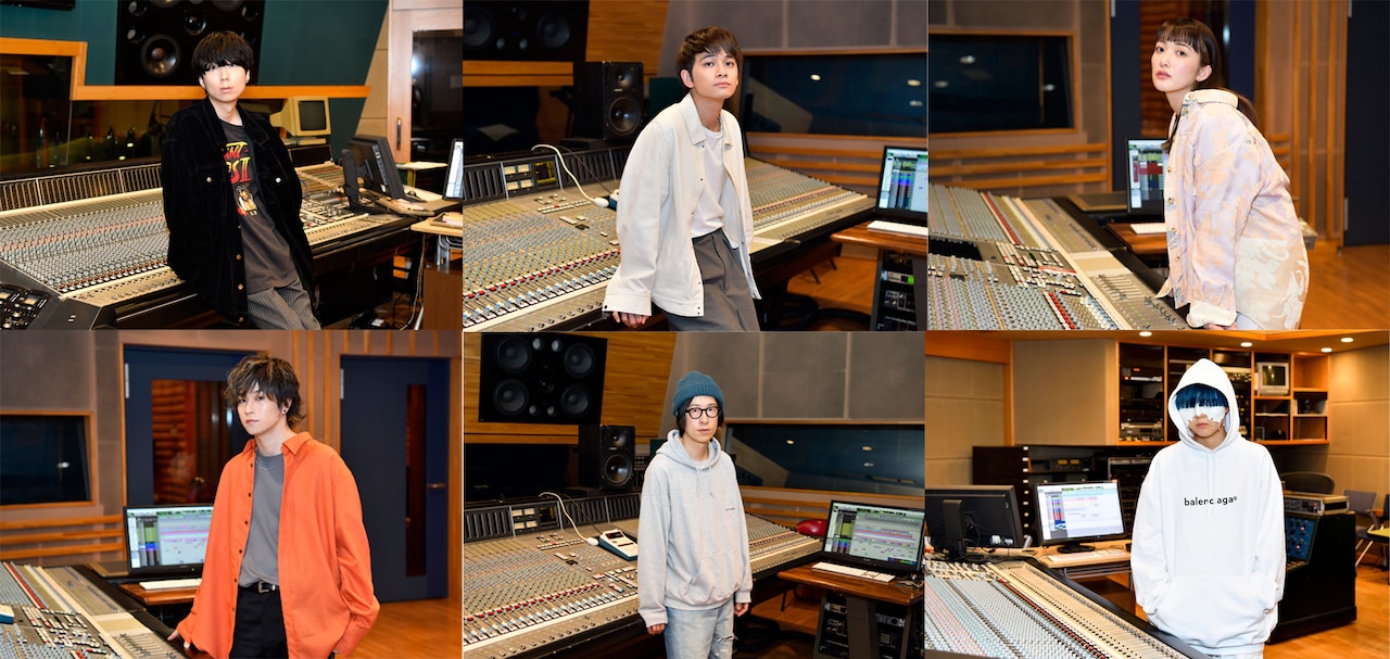左上から時計回りに川谷絵音、北村匠海（DISH//）、長屋晴子（緑黄色社会）、yama、ホリエアツシ（ストレイテナー）、三原健司（フレデリック）。